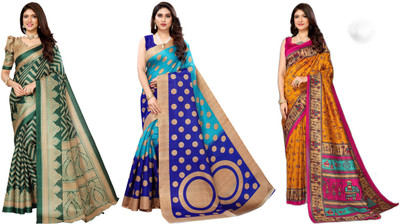 YASHIKA Printed Mysore Art Silk Saree(Pack of 3, Dark Green, Blue, Yellow)