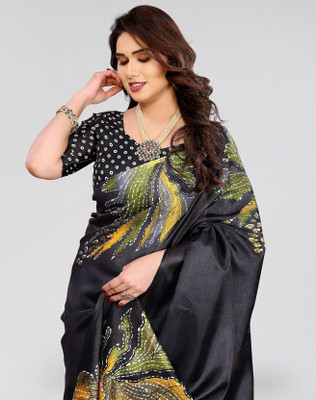 ANIRAV Printed Mysore Art Silk Saree(Green, Black)