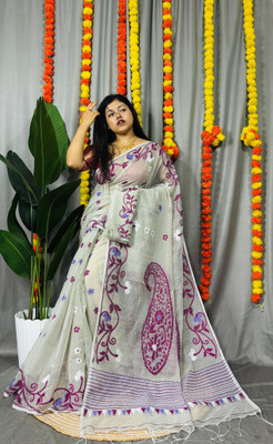Pasum's Self Design, Embroidered, Woven, Floral Print Jamdani Cotton Silk Saree(Cream, Purple)