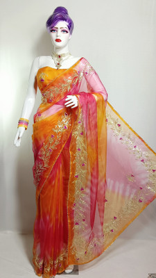 Rajwada Fashion Sarees Tie-Dye Bollywood Organza Saree(Orange, Pink)