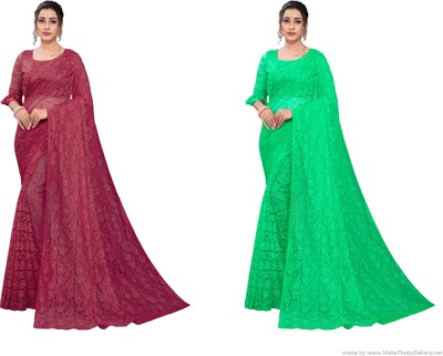 Fashion Field Self Design Bollywood Net Saree(Pack of 2, Maroon, Light Green)