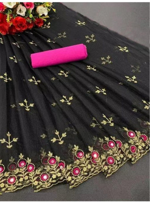 Zenomics Embroidered Bollywood Net Saree(Black)