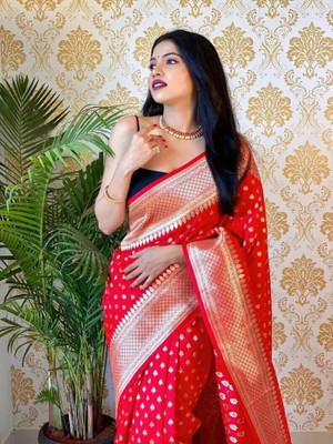 Bansari Textiles Woven Banarasi Jacquard, Art Silk Saree(Red)