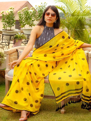 HouseOfCommon Polka Print Handloom Pure Cotton Saree(Yellow)
