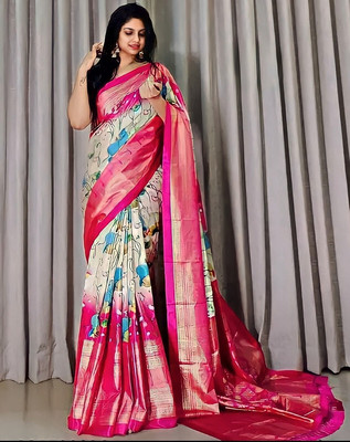 Sanjana Silks Floral Print Chanderi Cotton Blend Saree(Pink)