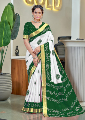Divastri Blocked Printed, Printed Chanderi Cotton Blend Saree(White, Green)
