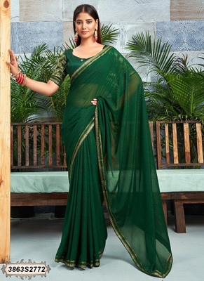 Panchvati NX Solid/Plain Bollywood Chiffon Saree(Dark Green)