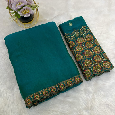 V AMAN FASHION Solid/Plain, Self Design Bollywood Chiffon Saree(Green)