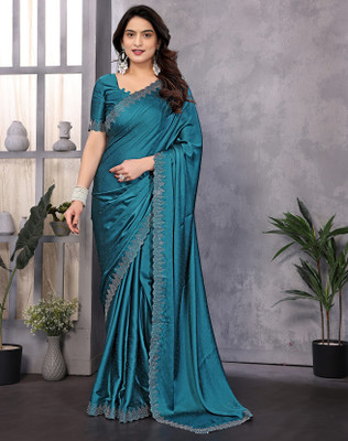 YASHIKA Embellished Bollywood Satin Saree(Blue)