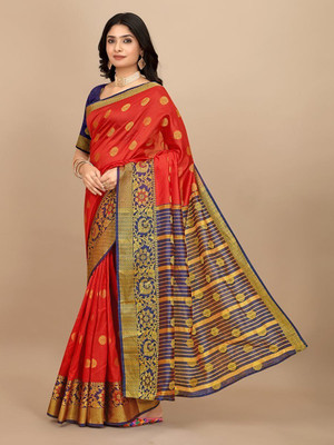 Doroly Woven Banarasi Cotton Silk Saree(Red)