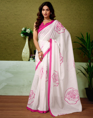 SIRIL Floral Print, Geometric Print, Printed Sambalpuri Chanderi, Cotton Blend Saree(White)