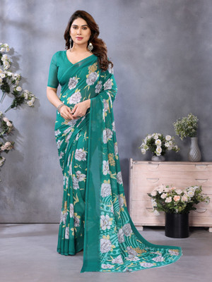 Vichitra Geometric Print Bollywood Georgette Saree(Green)
