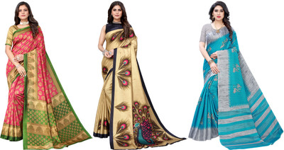 Nirvaan Printed Mysore Art Silk Saree(Pack of 3, Pink, Gold, Grey, Blue)