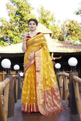 Aarunika LGF Striped, Tie-Dye Bollywood Organza Saree(Yellow)
