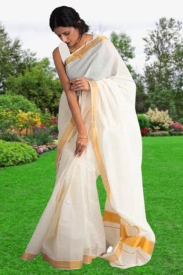 Gugaliya Solid/Plain Kasavu Pure Cotton Saree(Cream)