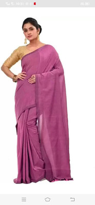 BiswasTextiles Solid/Plain Handloom Cotton Blend Saree(Pink)