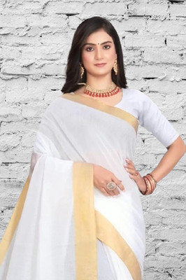 SHRISAREEESa Striped Bollywood Pure Cotton Saree(White)