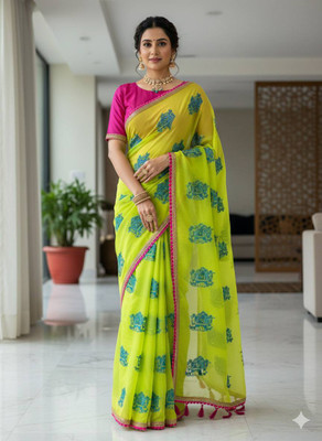 KOMAL NX Printed, Geometric Print Bollywood Georgette Saree(Yellow)