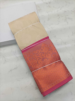 Poontamil silk Self Design, Floral Print, Geometric Print, Woven Kanjivaram Polyester Saree(Beige)
