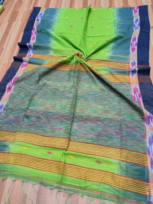 nebadita Self Design Ikkat Cotton Linen Saree(Green)