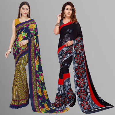 Anand Sarees Floral Print Daily Wear Georgette Saree(Pack of 2, Yellow, Blue, Multicolor)