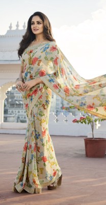 MEETVIN COUTURE Printed, Digital Print, Graphic Print, Floral Print, Self Design Daily Wear Chiffon, Georgette Saree(White)