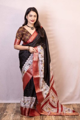 PHEASANT Checkered, Printed, Woven Kanjivaram Cotton Silk Saree(Black, Red)