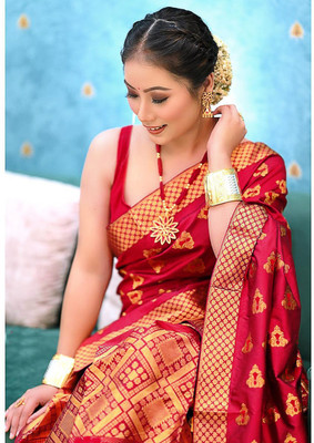 VIHA CREATION Self Design Mekhela Chador Silk Blend Saree(Red)