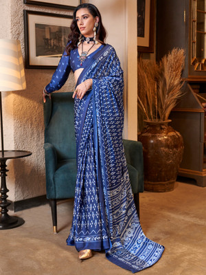 Sareemall Printed Patola Crepe Saree(Dark Blue)