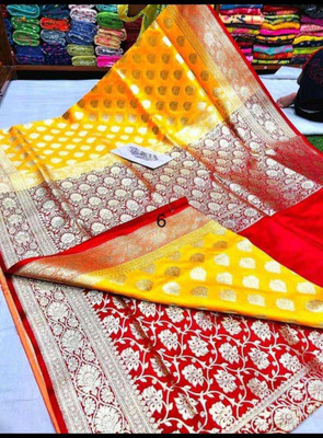 Kanokanjoli Self Design Tant Handloom Cotton Blend Saree(Yellow, Red)