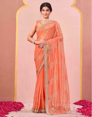 Satrani Embroidered, Embellished Daily Wear Net Saree(Red)