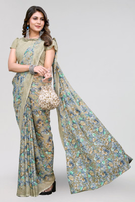 Nirvaan Floral Print Bollywood Georgette Saree(Green)