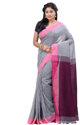 AjoyDas Self Design Handloom Pure Cotton Saree(Grey)