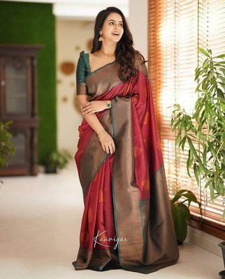 ESOMIC Striped Banarasi Pure Silk Saree(Red)