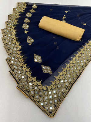 Disha Fashion Embroidered, Self Design Banarasi Georgette, Silk Blend Saree(Dark Blue)