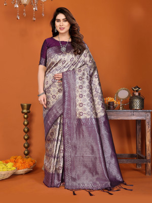 VASTUKALA Woven Kanjivaram Pure Silk, Art Silk Saree(Cream, Purple)