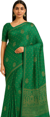 EZIESHREE Printed Daily Wear Linen Saree(Dark Green)