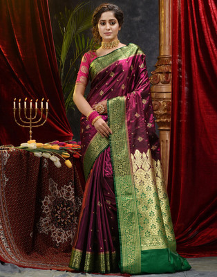 SAAREE GHAR Embroidered Banarasi Handloom Satin Saree(Purple)