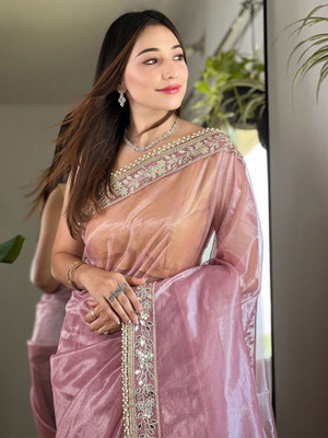 ShivGori Embroidered Bollywood Tissue, Silk Blend Saree(Pink)