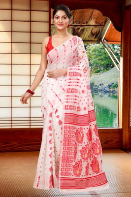 Happy Creation Woven Jamdani Handloom Cotton Blend Saree(Multicolor)