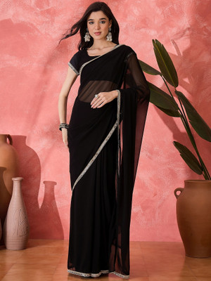 FABMORA Solid/Plain, Embellished Bollywood Georgette Saree(Black)