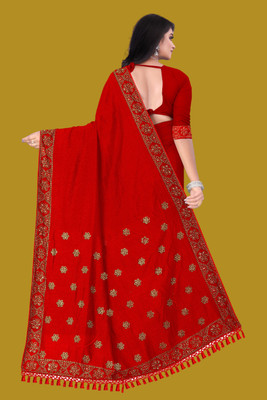 rudraCreation Embellished Bhagalpuri Chanderi Saree(Red)