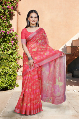 Vinayak Textile Printed Bollywood Linen Saree(Red)