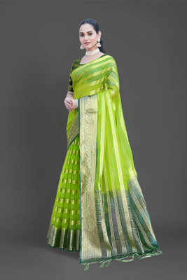 Aarunika IC Striped, Woven Bollywood Organza Saree(Light Green)