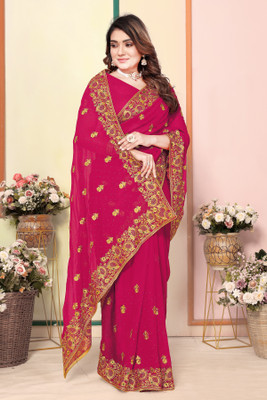 CHAMUNDA CREATION Embroidered Bollywood Georgette Saree(Pink)