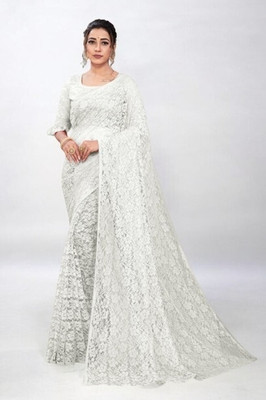 NORAFLEX Embroidered Bollywood Net Saree(White)