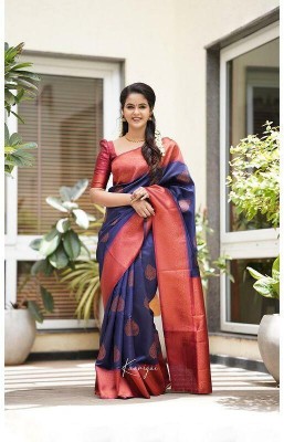 Nirja Enterprise Woven Kanjivaram Art Silk Saree(Dark Blue)