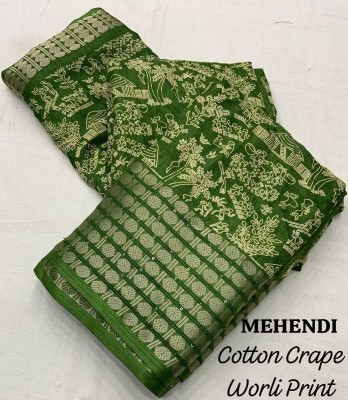 STAVA CREATION Printed Bollywood Cotton Blend Saree(Green)