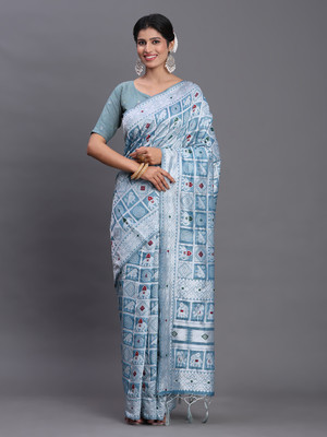 Tasrika Woven Patola Cotton Linen Saree(Blue)