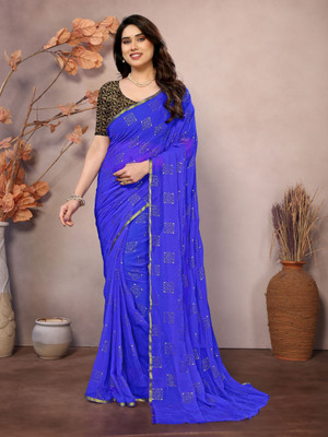 Ladymint Woven, Self Design, Embellished Baluchari Chiffon Saree(Blue)
